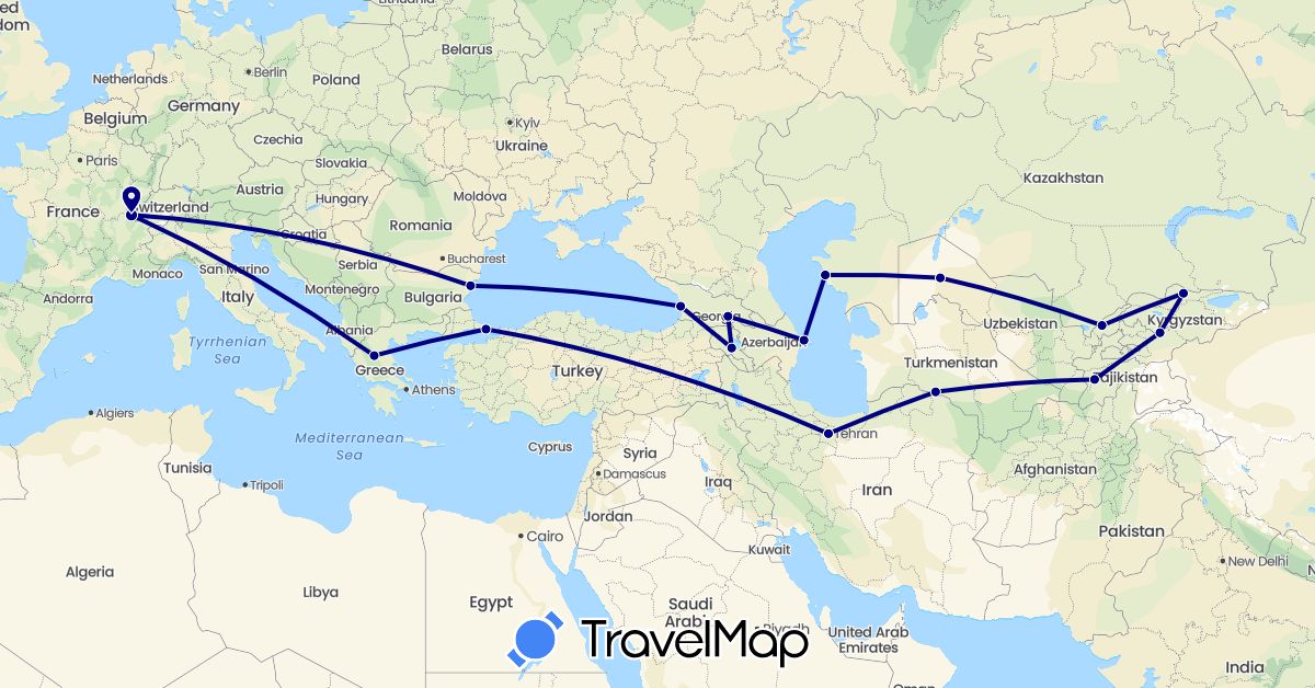 TravelMap itinerary: driving in Armenia, Azerbaijan, Bulgaria, France, Greece, Iran, Kyrgyzstan, Kazakhstan, Tajikistan, Turkmenistan, Turkey, Uzbekistan (Asia, Europe)